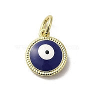 Brass Enamel Charms, with Jump Ring, Real 18K Gold Plated, Flat Round with Evil Eye Charm, Midnight Blue, 13.5x11.5x3.7mm, Hole: 3.2mm(KK-E092-14G-08)