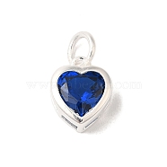 925 Sterling Silver Cubic Zirconia Heart Charms with Jump Rings, Silver Color Plated, Blue, 9.5x7.5x3.5mm, Hole: 3mm(FIND-U013-10S-07)