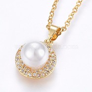 304 Stainless Steel Pendant Necklaces, with Cubic Zirconia and Acrylic Imitation Pearl, Flat Round, Golden, 17.71 inch(45cm), Pendant: 18x12x8.5mm(X-NJEW-H486-16G)