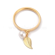 Dual-use Items, 304 Stainless Steel Finger Rings or Pendants, with Plastic Round Beads, Leaf, White, Golden, US Size 7(17.3mm)(RJEW-O045-14C-G)