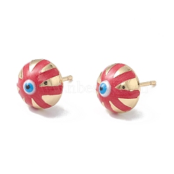 Enamel Half Round with Evil Eye Stud Earrings, Real 18K Gold Plated Brass Jewelry for Women, Red, 6x10x6mm, Pin: 1mm(EJEW-A093-05G-04)