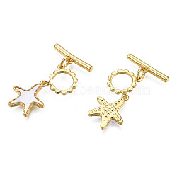 Brass Toggle Clasps, with Natural Shells, Real 18K Gold Plated, Nickel Free, Starfish, Creamy White, 29~30mm, Starfish: 14.5x12.5x2mm, Hole: 1mm, Bar: 4x16x2mm, Hole: 1mm(KK-N233-411A)