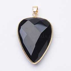 Faceted Natural Dyed & Heated Black Agate Pendants, with Golden Tone Brass Findings, teardrop, 40x27x7~9mm, Hole: 4x5mm(X-G-F340-02E)