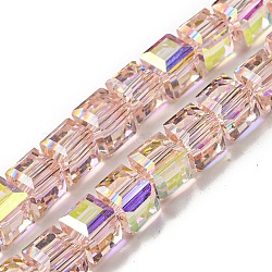 Electroplate Glass Beads Strands, Half Rainbow Plated, Faceted, Cube, Misty Rose, 7~7.5x7~7.5x7~7.5mm, Hole: 1mm(EGLA-M031-01A-HR08)