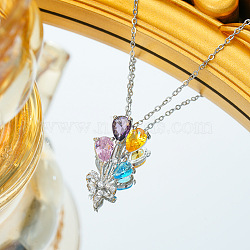 Brass Colorful Cubic Zirconia Flower Pendant Necklaces, 304 Stainless Steel Chain Necklaces for Women, Platinum, 17.72 inch(45cm)(FS-WG69036-02)