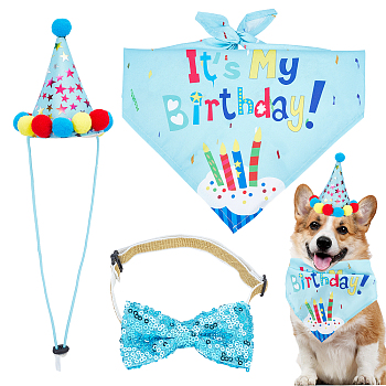 Pet Birthday Paper Props Set Decorations, Adjustable Necktie & Cap & Scarf, with Cotton Findings, Cyan, 33cm