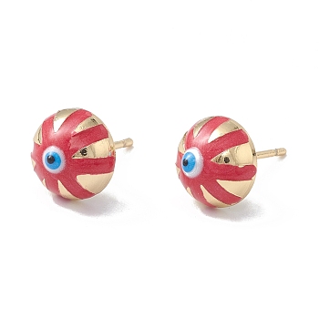 Enamel Half Round with Evil Eye Stud Earrings, Real 18K Gold Plated Brass Jewelry for Women, Red, 6x10x6mm, Pin: 1mm