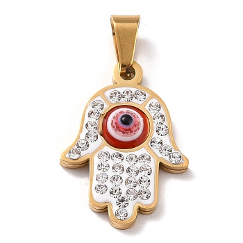 304 Stainless Steel Pendants, with Polymer Clay Rhinestone and Evil Eye Resin Round Beads, 201 Stainless Steel Bails, Hamsa Hnad, Red, 23~23.5x16.5x4.2mm, Hole: 3.8x7.5mm