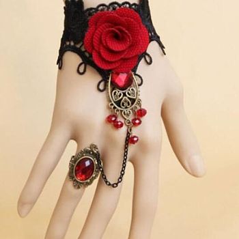 Gothic Style Retro Alloy Lace Flower Link Rings Bracelets for Women, Red, No Sise