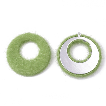 Faux Mohair Pendants, with Aluminum Bottom, Flat Round, Platinum, Yellow Green, 43~44x40.5~41.5x4.5~5mm, Hole: 1mm