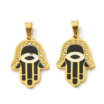 Ion Plating(IP) 304 Stainless Steel Pendants, with Enamel and Rhinestone, Real 18K Gold Plated, Hamsa Hand with Eye Charm, Black, 27x19x2mm, Hole: 6.5x4mm