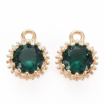 Brass Micro Pave Cubic Zirconia Charms, Nickel Free, Real 18K Gold Plated, Faceted Flat Round, Sea Green, 9x7x4mm, Hole: 1.2mm