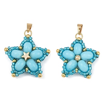 Handmade Glass Seed Beaded & Synthetic Dyed Imperial Jasper Beads Pendants, Star, Deep Sky Blue, 27x28.5x8.5mm, Hole: 6x2.5mm