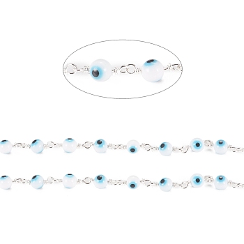 3.28 Feet Handmade Evil Eye Lampwork Round Beaded Chains, with Brass Findings, Unwelded, Long-Lasting Plated, Silver, Light Blue, 15x3x6x1.8mm, Beads: 6mm