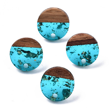 Transparent Resin & Walnut Wood Stud Earring Findings, with 304 Stainless Steel Pin and Gold Foil, Flat Round, Deep Sky Blue, 14mm, Hole: 1.8mm, Pin: 0.7mm