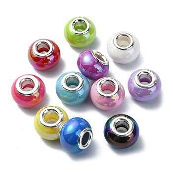 Opaque Acrylic European Beads, with Stainless Steel Core,Large Hole Beads, AB Color, Mixed Color, 14x10mm, Hole: 5mm