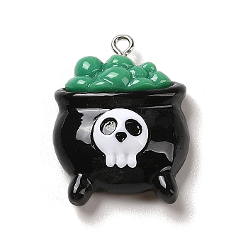 Opaque Resin Pendants, Halloween Charms with Platinum Tone Alloy Loops, Black, Skull, 27x23x10mm, Hole: 1.5mm