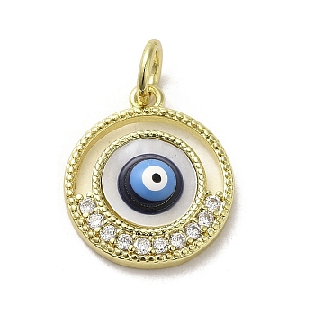 Brass Micro Pave Cubic Zirconia Pendants, with Enamel, with Jump Ring, Real 18K Gold Plated, Flat Round with Evil Eye, Midnight Blue, 17.5x15x3mm, Hole: 3.8mm