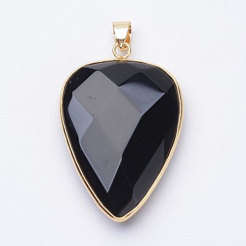 Faceted Natural Black Agate Pendants, with Golden Tone Brass Findings, teardrop, 40x27x7~9mm, Hole: 4x5mm