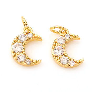 Brass Micro Pave Cubic Zirconia Charms, with Jump Rings, Moon, Clear, Real 18K Gold Plated, 9.5x7x2mm, Jump Ring: 4x0.6mm, Hole: 2.5mm