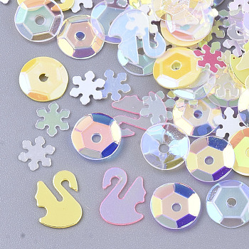 Ornament Accessories, PVC Plastic Paillette/Sequins Beads, Snowflake & Swan & Flat Round, Yellow, 5~8x4.5~8x0.4mm, Hole: 1.2mm