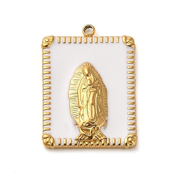 304 Stainless Steel Enamel Pendants, Golden, Rectangle with Saint Charm, White, 22.5x16.5x3mm, Hole: 1.5mm