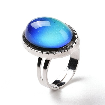 Glass Oval Mood Ring, Temperature Change Color Emotion Feeling Alloy Adjustable Ring for Women, Platinum, Inner Diameter: 17.5~18.4mm