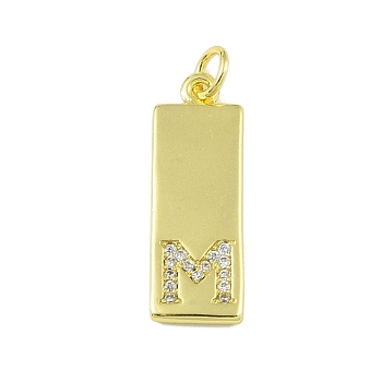 Brass Micro Pave Clear Cubic Zirconia Pendants, Real 18K Gold Plated, Rectangle, Letter M, 23.5x7.5x2mm, Hole: 3mm