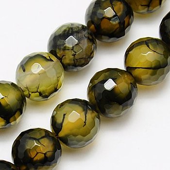 Natural Dragon Veins Agate Beads Strands, Dyed, Faceted, Round, Dark Khaki, 10mm, Hole: 1mm, about 37pcs/strand, 16 inch
