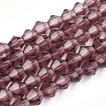 Bicone Glass Beads Strands, Faceted, Purple, 4x4mm, Hole: 1mm, about 92~96pcs/strand, 13.78~14.37 inch