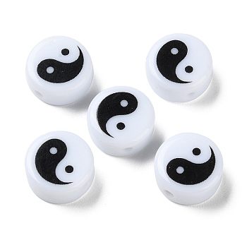 Printed Opaque Acrylic Beads, Flat Round with Yinyang Pattern, Black, 14x6.5mm, Hole: 2mm
