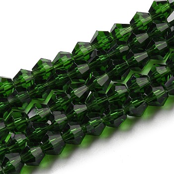 Transparent Glass Beads Strands, Faceted, Bicone, Dark Green, 3.5~3.8x3mm, Hole: 0.8mm, about 113~115pcs/strand, 36~36.5cm