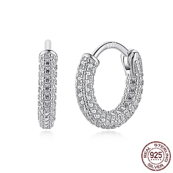 Rhodium Plated 925 Sterling Silver Micro Pave Cubic Zirconia Hoop Earrings for Women, with S925 Stamp, Real Platinum Plated, 13x2.5mm, Pin: 0.88mm