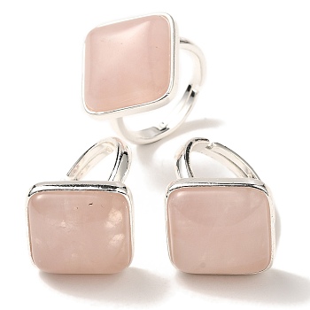 Natural Rose Quartz Adjustable Rings, with Brass Base Findings, Lead Free & Cadmium Free, Rhombus, Rhombus: 24x25mm, US Size 9 3/4(19.5mm)