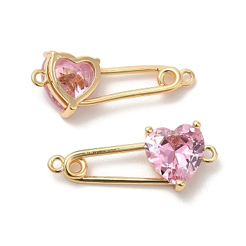 Heart Shaped Glass Connector Charms, Real 18K Gold Plated Brass Safety Pin Links, Pearl Pink, 11x28.5x5.8mm, Hole: 1.4mm