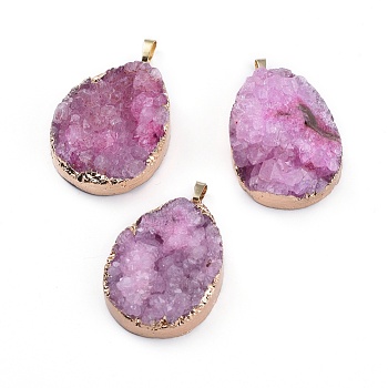 Electroplated Natural & Dyed Druzy Quartz Pendants, with Brass Findings, teardrop, Violet, 38~50x25~35x5~15mm, Hole: 5x6mm