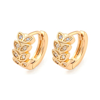 Brass Micro Pave Cubic Zirconia Hoop Earrings, Leaf, Light Gold, 11.5x6mm