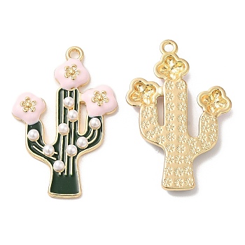Alloy Enamel Pendants, with ABS Imitation Pearl, Long-Lasting Plated, Cadmium Free & Nickel Free & Lead Free, Cactus with Flower Charm, Golden, 36x23.5x3.5mm, Hole: 1.7mm