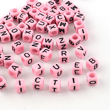 Letter Style Opaque Acrylic Beads, Horizontal Hole, Cube, Pearl Pink, 6x6x6mm, Hole: 3.5mm, about 2700pcs/500g