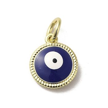 Brass Enamel Charms, with Jump Ring, Real 18K Gold Plated, Flat Round with Evil Eye Charm, Midnight Blue, 13.5x11.5x3.7mm, Hole: 3.2mm