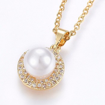 304 Stainless Steel Pendant Necklaces, with Cubic Zirconia and Acrylic Imitation Pearl, Flat Round, Golden, 17.71 inch(45cm), Pendant: 18x12x8.5mm