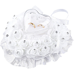 PE Foam Flower Ring Holder Pillow, Heart, with Foam Base, Alloy Rings and Rhinestone, White, 270mm(AJEW-WH20816-224A)