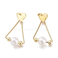 304 Stainless Steel Dangle Stud Earrings, with Plastic Beads and Ear Nuts, Heart with Triangle, Golden, 47mm, Pin: 0.7mm(EJEW-E261-02G)