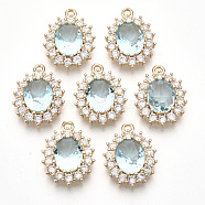 Transparent Faceted Glass Pendants, with Clear Rhinestone and Golden Tone Brass Open Back Settings, Oval, Pale Turquoise, 20x15x6mm, Hole: 1.4mm(X-GLAA-R212-15E)