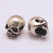 Brass Beads, Long-Lasting Plated, Cadmium Free & Nickel Free & Lead Free, Skull, Antique Silver, 10x8x10mm, Hole: 2mm(ZIRC-G093-35AS-NR)