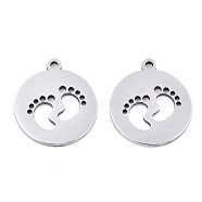 201 Stainless Steel Pendants, Laser Cut, Hollow, Flat Round with Baby Feet, Stainless Steel Color, 17x15x0.9mm, Hole: 1.4mm(STAS-S081-008)