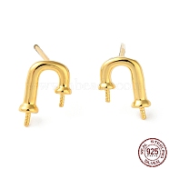 925 Sterling Silver Stud Earring Findings, Arch, for Half Drilled Beads, with S925 Stamp, Real 18K Gold Plated, 10.5x7mm, Pin: 11x0.9mm and 0.7mm(STER-M115-06G)