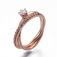 304 Stainless Steel Finger Rings, with Cubic Zirconia, Rose Gold, Size 6~9, 16~19mm(RJEW-E158-23RG)