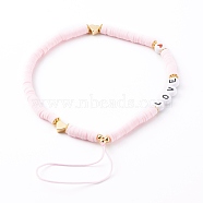 Polymer Clay Heishi Beaded Mobile Straps, Telephone Jewelry, with Acrylic Enamel Beads and Brass Beads, Word Love, Golden, Pink, 20cm(HJEW-JM00464-04)
