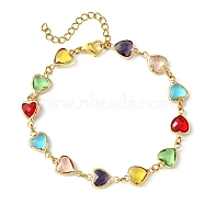 Colorful Glass Heart Link Bracelets, Brass Cable Chains Jewelry for Women, Golden, 7-7/8 inch(20cm)(BJEW-JB10578)